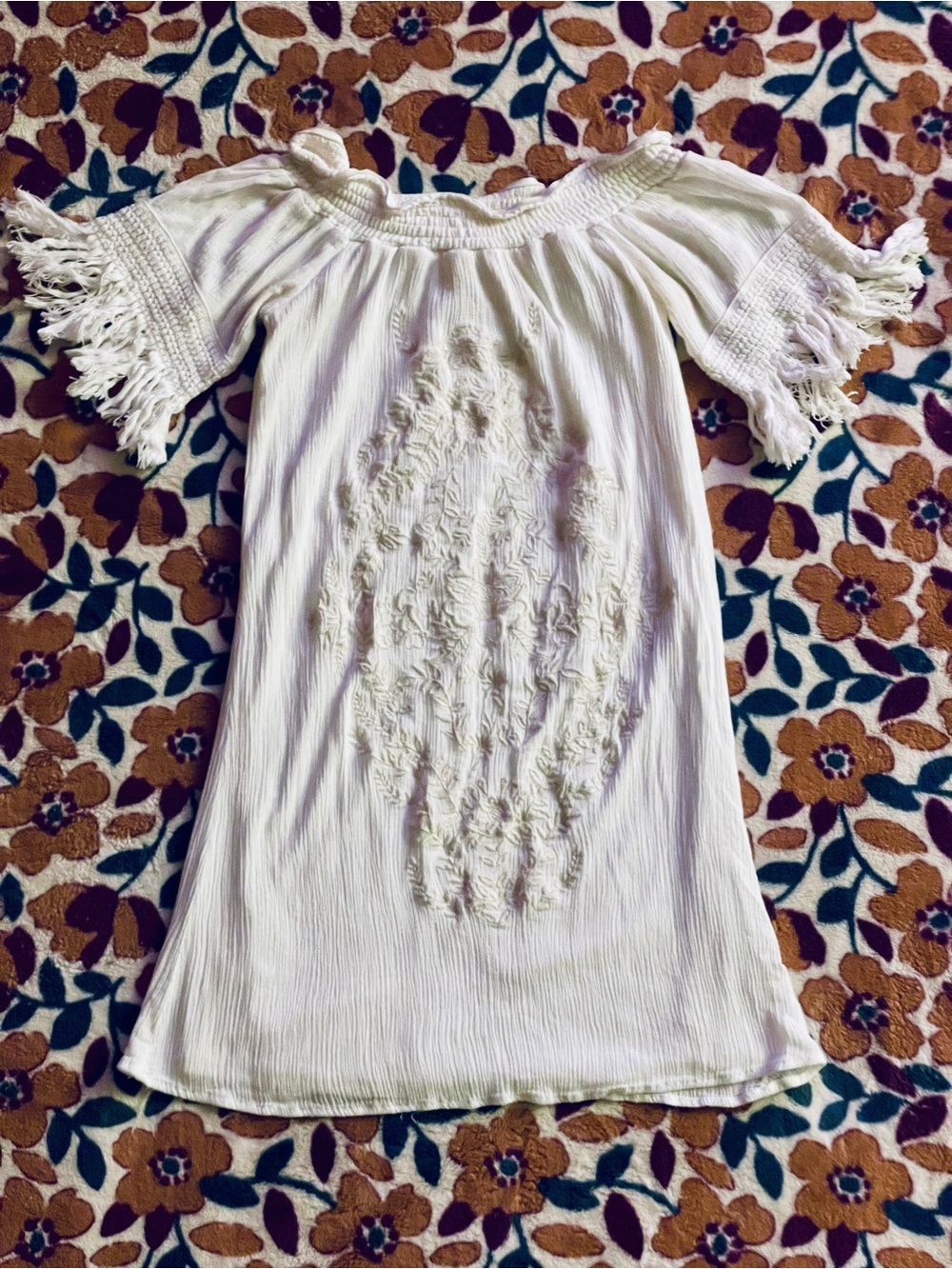 Boho Off-Shoulder White Embroidered Fringe Sleeve Tunic Mini Dress